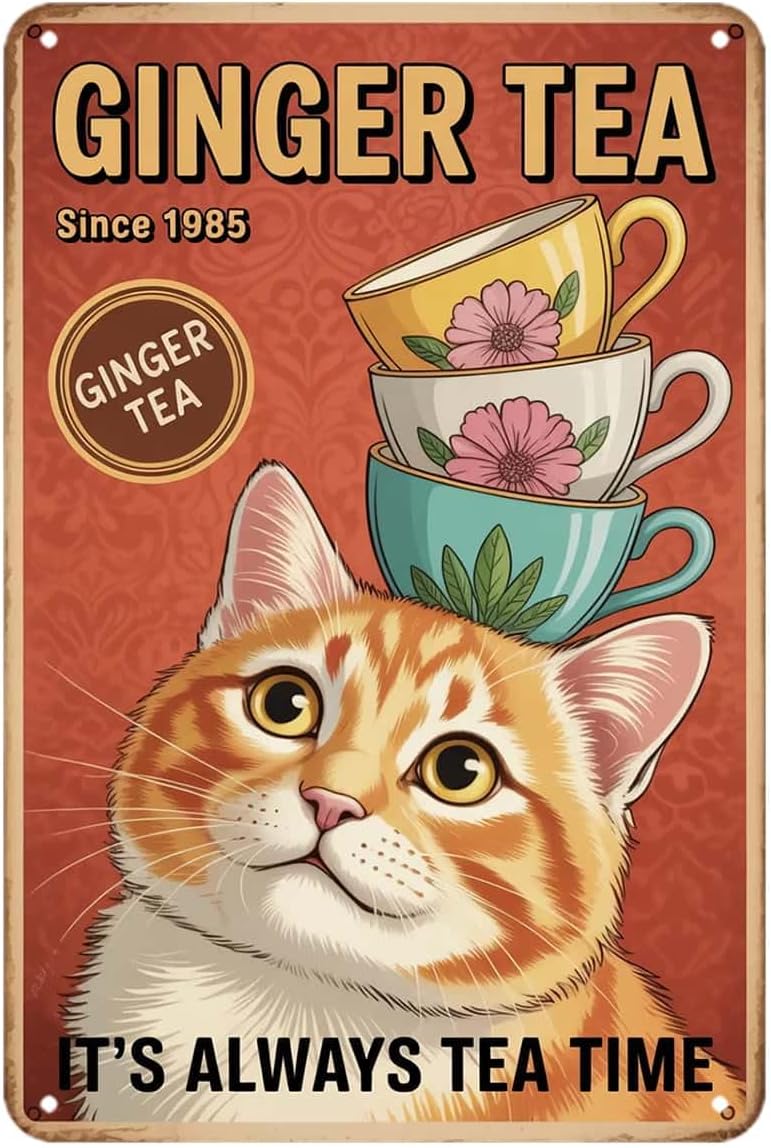 귀여운 고양이 모양의 생강차 틴 사인, 재미있는 동물  - Ginger Tea 리뷰 및 가격